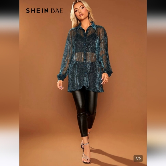 NWT SHEIN Bae Drop Shoulder Glitter See Through Mesh Button Front Shirt - Picture 12 of 14